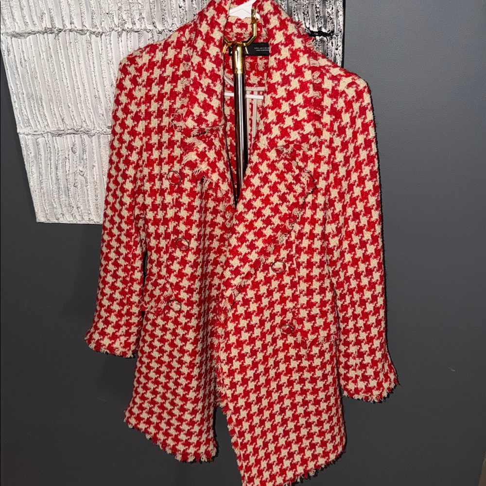 Zara Red and White Houndstooth Pea Coat